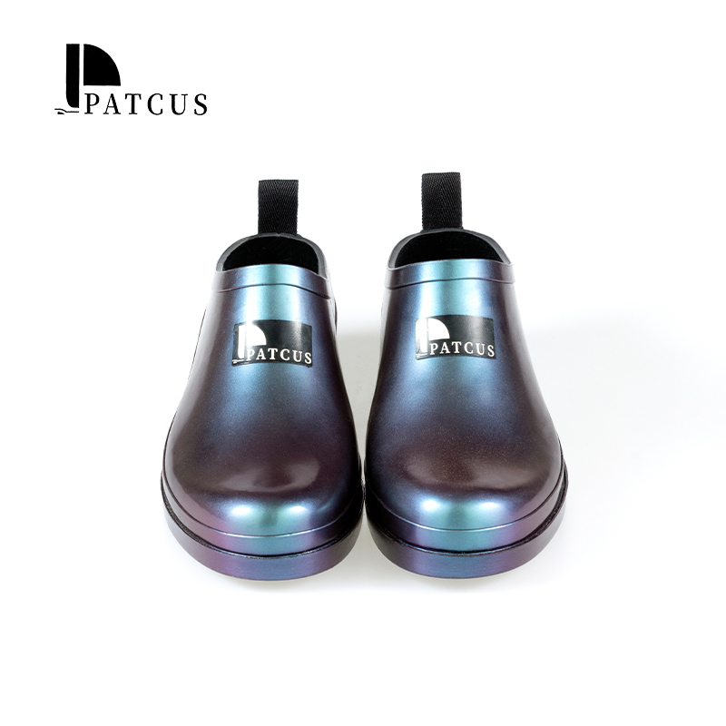 PATCUS-chameleon-iridescent-womens-backless-latex-rain-shoes-front-view